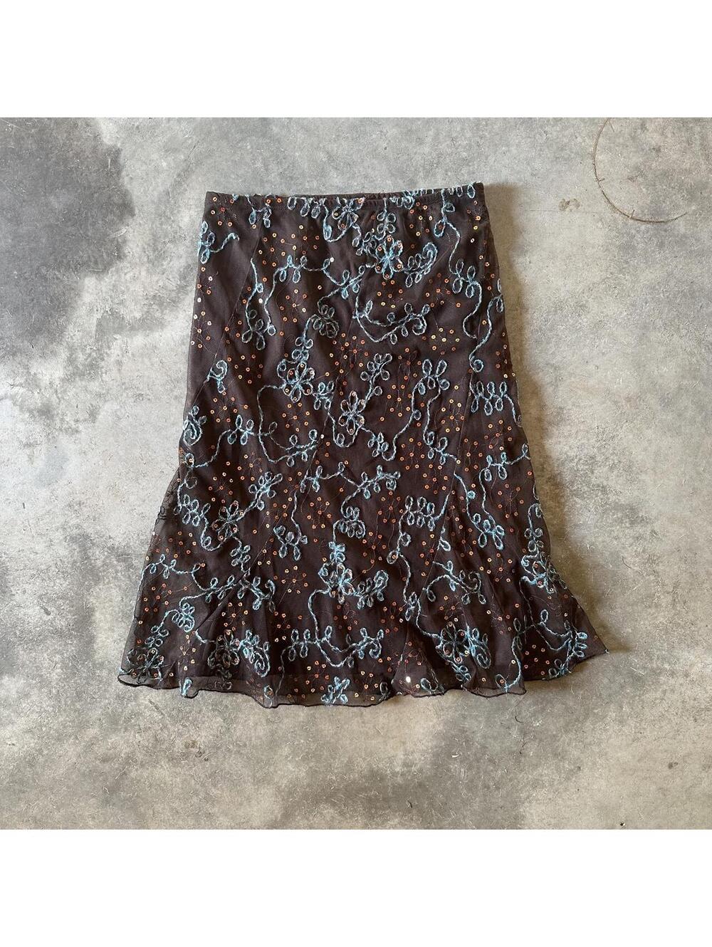 Vintage Y2K Byer California Brown Embroidered Sequin Mesh Midi Skirt